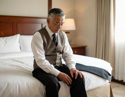 高齢男性/ベッドに腰掛ける哀しげな表情 高齢男性/ベッドに腰掛ける哀しげな表情の写真