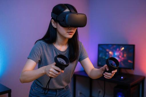 VRゲームを楽しむ女性 VRゲームを楽しむ女性の写真
