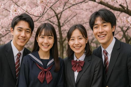 桜咲く春の学生人物 桜咲く春の学生人物の写真