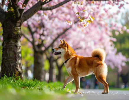 春の公園を歩く柴犬の写真