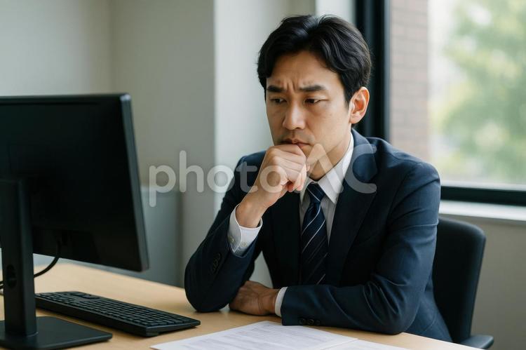考え込む男性社員 日本人,男性,社員の写真素材
