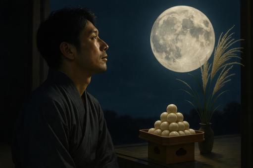 満月を仰ぐ男性の横顔とお供え物 満月を仰ぐ男性の横顔とお供え物の写真