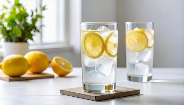 炭酸水　レモンと氷入りの写真