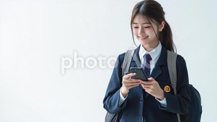 歩きながらスマートフォンを使う女子生徒 女性,女の子,スマートフォンの写真素材