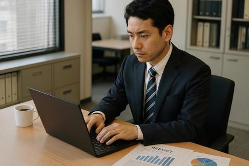 報告書を作る事務社員 報告書を作る事務社員の写真