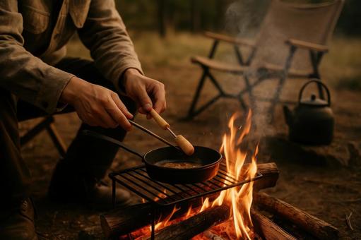 焚き火で料理する手元の風景 焚き火で料理する手元の風景の写真