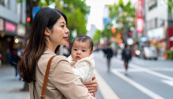 子供を抱っこして歩くシングルマザー 子供を抱っこして歩くシングルマザーの写真