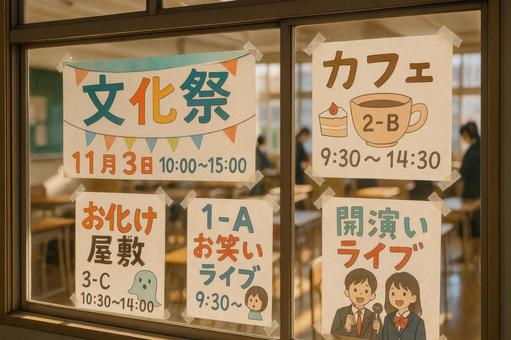 文化祭ポスターが貼られた窓 文化祭ポスターが貼られた窓の写真
