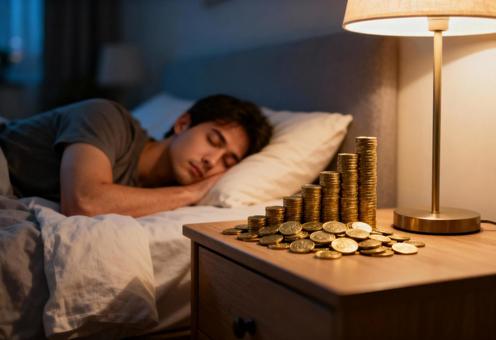 積まれたコインと安眠する男性の生活 積まれたコインと安眠する男性の生活の写真
