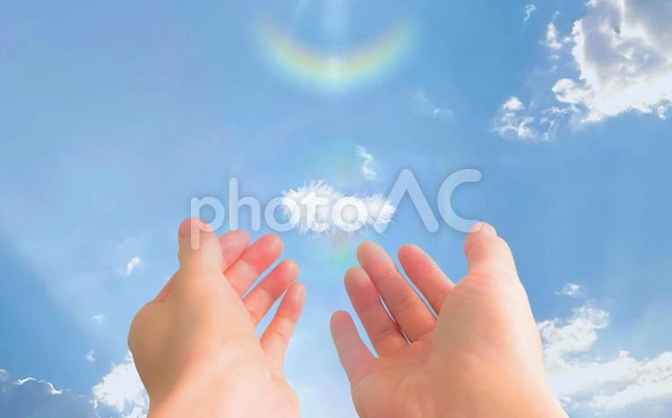 ハイヤーセルフメッセージ 羽,幻想的,手を差し出すの写真素材