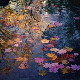池に浮かぶ紅葉の葉と睡蓮の花 池に浮かぶ紅葉の葉と睡蓮の花の写真