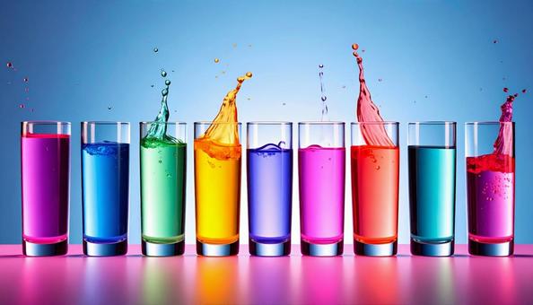 グラスに入った美しい色水の写真