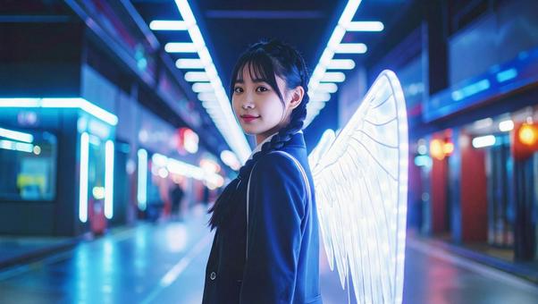 こちらを見る光る翼を持った若い女性1 こちらを見る光る翼を持った若い女性1の写真