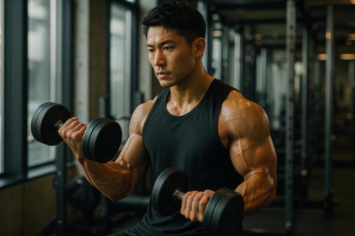 ダンベルで筋トレする男性の写真