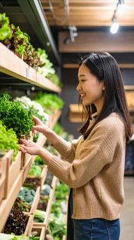無人販売所で野菜を見繕う女性 無人販売所で野菜を見繕う女性の写真