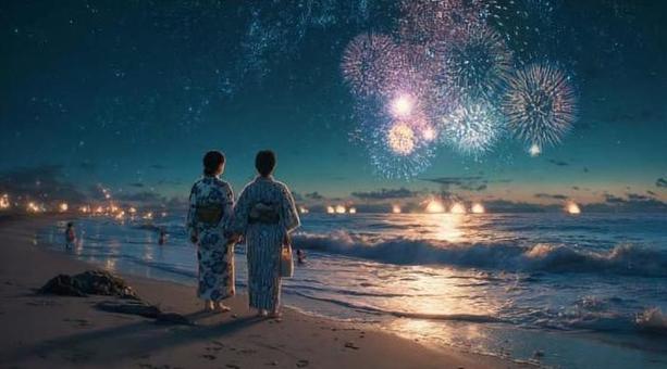 海辺の花火とカップル 海辺の花火とカップルの写真