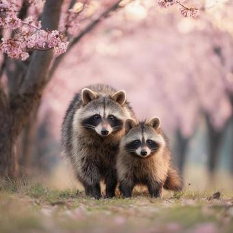 桜の下に寄り添う2匹のアライグマ 桜の下に寄り添う2匹のアライグマの写真