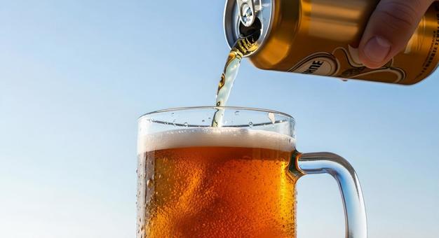 夏空の下 缶ビールをジョッキに注ぐ瞬間 夏空の下 缶ビールをジョッキに注ぐ瞬間の写真