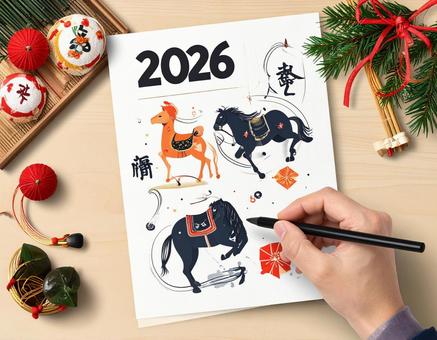 年賀状を書く手元(2026年) 年賀状を書く手元(2026年)の写真