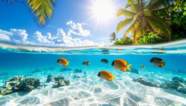 青い空、南国のビーチと水中の熱帯魚の写真