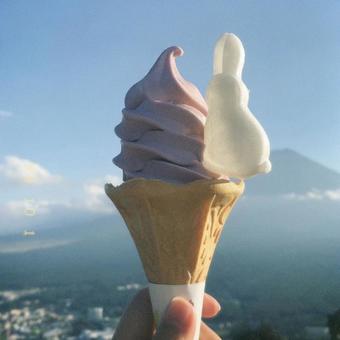 富士山とともに頬張るアイスクリーム 富士山とともに頬張るアイスクリームの写真