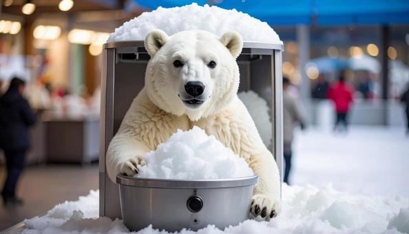 暑い夏に雪製造機を独り占める白クマ 暑い夏に雪製造機を独り占める白クマの写真