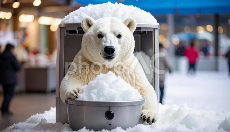 暑い夏に雪製造機を独り占める白クマ 白クマ,雪製造機,暑いの写真素材