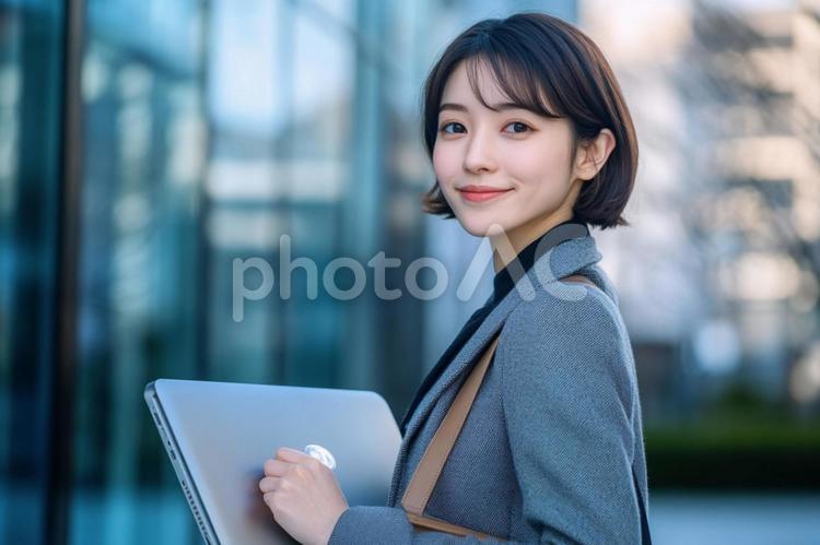 ノートパソコンを持つスーツ姿の女性社員 ビジネス,人物,女性の写真素材