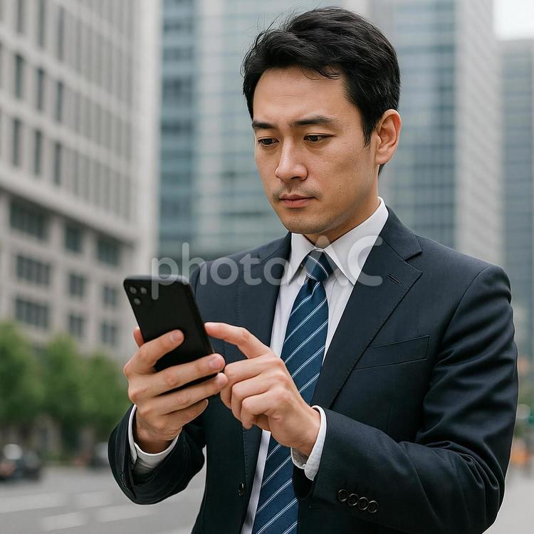 スマートフォンを操作するビジネスマン ビジネスマン,スマートフォン,屋外の写真素材