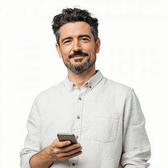 カジュアルな服装の男性が携帯電話を持つ姿 カジュアルな服装の男性が携帯電話を持つ姿の写真