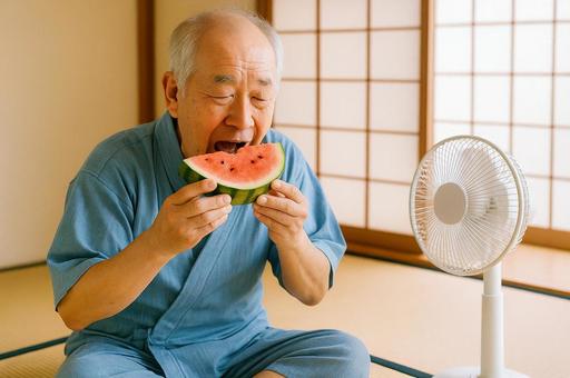 和室でスイカを食べる男性 和室でスイカを食べる男性の写真