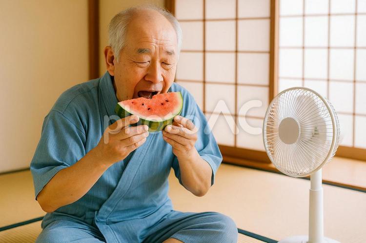 和室でスイカを食べる男性 スイカ,高齢者,男性の写真素材