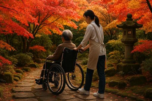 紅葉に包まれる車椅子散歩 紅葉に包まれる車椅子散歩の写真