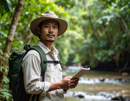 熱帯雨林・ジャングルを調査する生物学者 熱帯雨林・ジャングルを調査する生物学者の写真