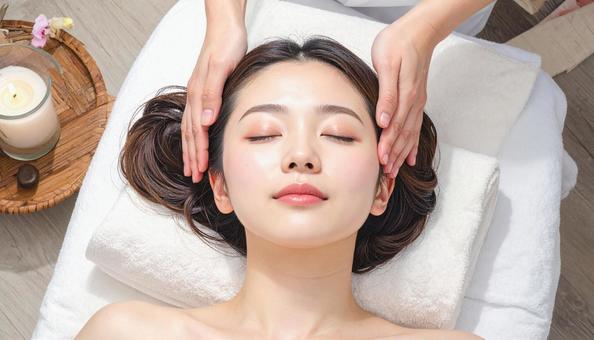 エステサロンでヘッドスパを受ける女性 エステサロンでヘッドスパを受ける女性の写真