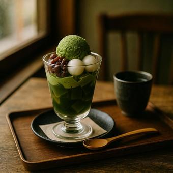 抹茶パフェとお茶 抹茶パフェとお茶の写真