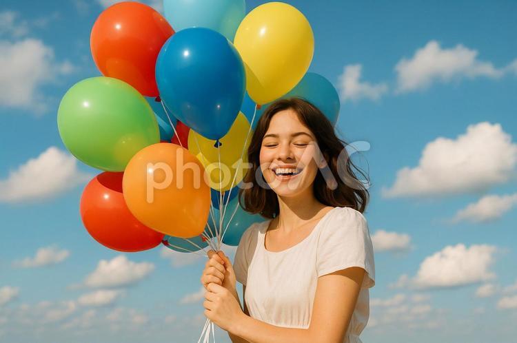 風船を持つ女性 風船,女性,笑顔の写真素材