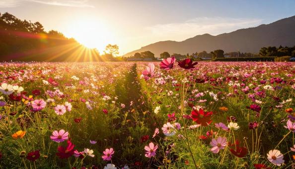 夕暮れ時の秋のコスモス畑 夕暮れ時の秋のコスモス畑の写真