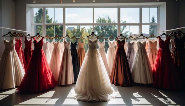 レンタルドレス屋にかかるたくさんのドレス レンタルドレス屋にかかるたくさんのドレスの写真