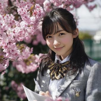 桜といっしょに写る学校の制服の女の子の写真