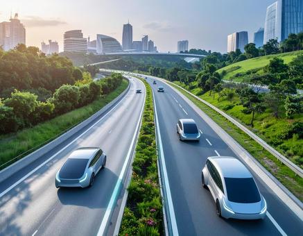 未来都市と自動運転車の写真