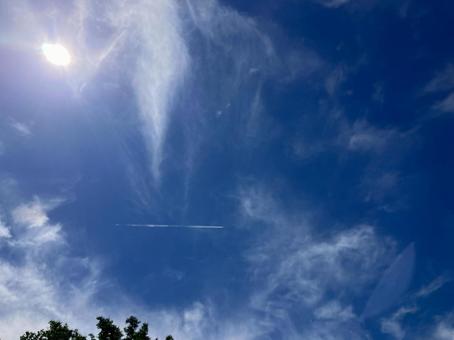 真夏の青空と飛行機雲 真夏の青空と飛行機雲の写真