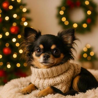 クリスマスツリーとセーター姿のチワワ クリスマスツリーとセーター姿のチワワの写真