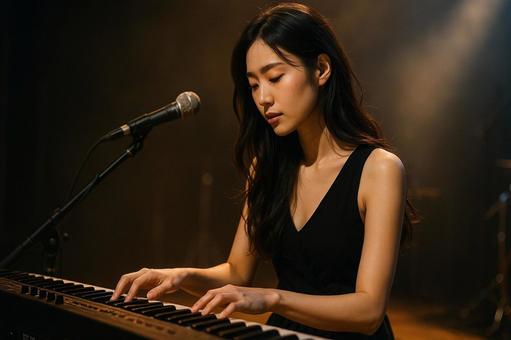 静かにキーボードを演奏する女性の横顔の写真