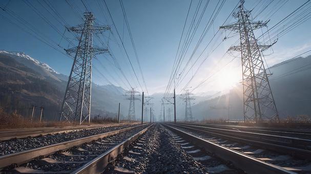 遠くへ続く鉄道と送電線 遠くへ続く鉄道と送電線の写真