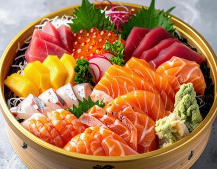 寿司桶に入った豪華な寿司盛り合わせ 寿司桶に入った豪華な寿司盛り合わせの写真
