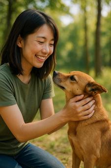森の中で犬をなでる女性 森の中で犬をなでる女性の写真