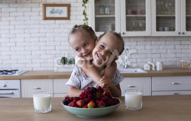 いちごを食べる双子の女の子 双子,姉妹,女の子の写真素材