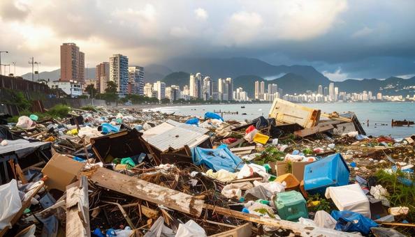 津波に襲われた後のガラクタだらけの住宅街の写真