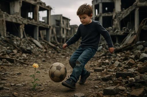 瓦礫の街とサッカーボール 瓦礫の街とサッカーボールの写真